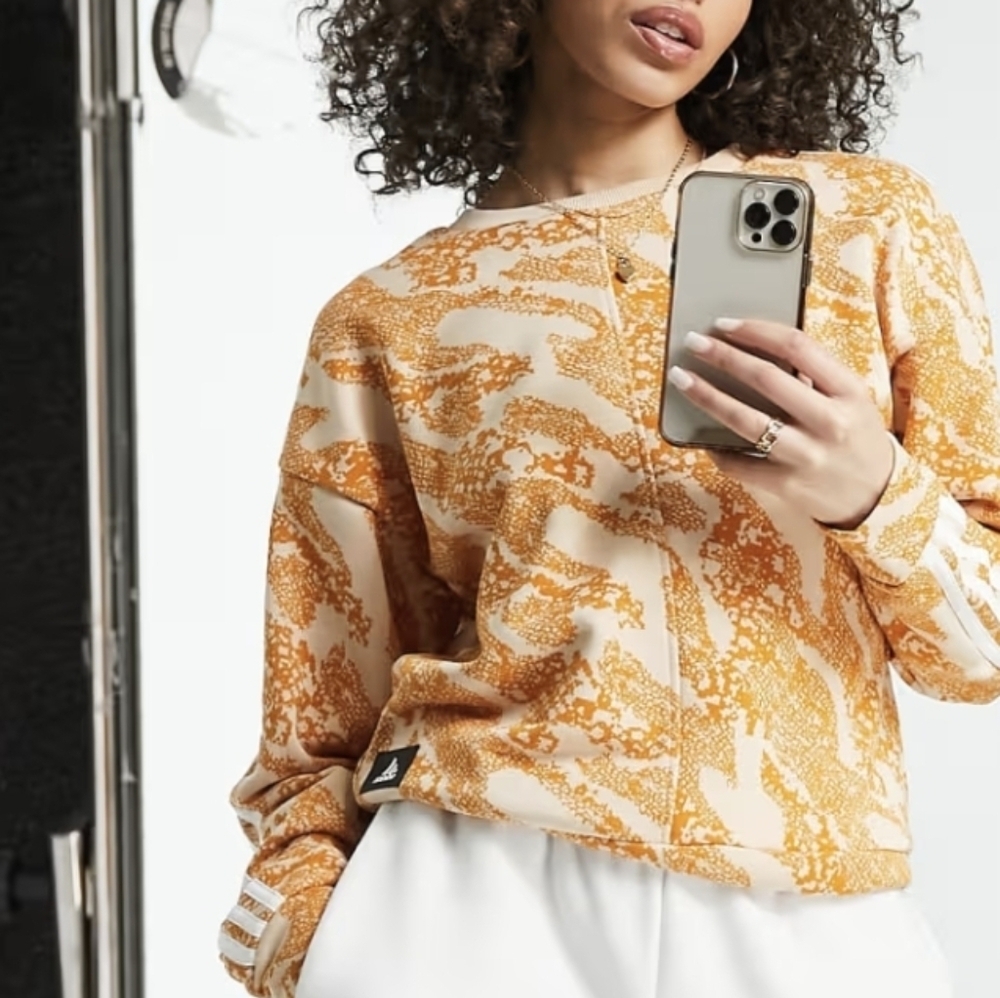 adidas Cream and Orange Patterned Crewneck Sweatshirt